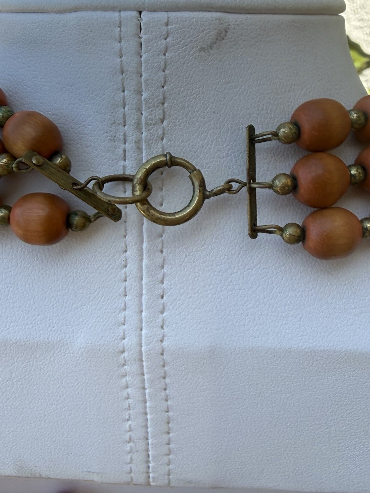 Antique Triple Strand Wooden Bead Necklace With Old Jump Ring Clasp & Patina