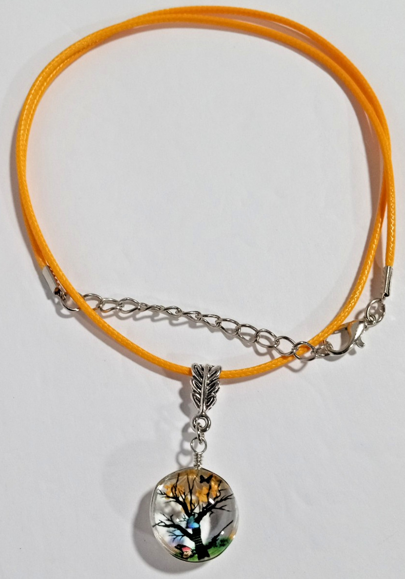 Pressed Flower Tree Charm Pendant Necklace Yellow/Orange Butterfly NEW!