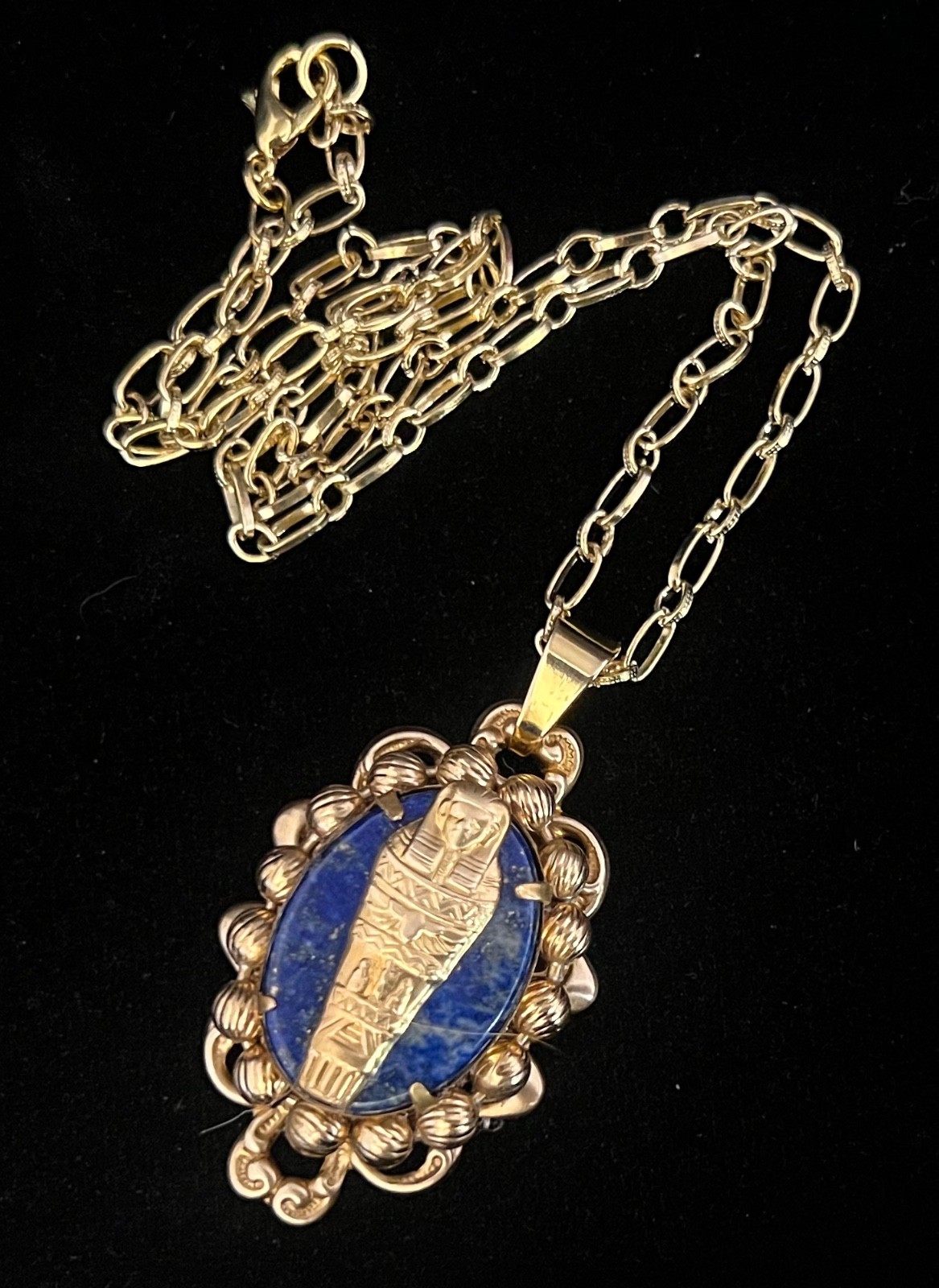 Egyptian Revival Necklace King Tut Sarcophagus Lapis Lazuli Gemstone Pendant