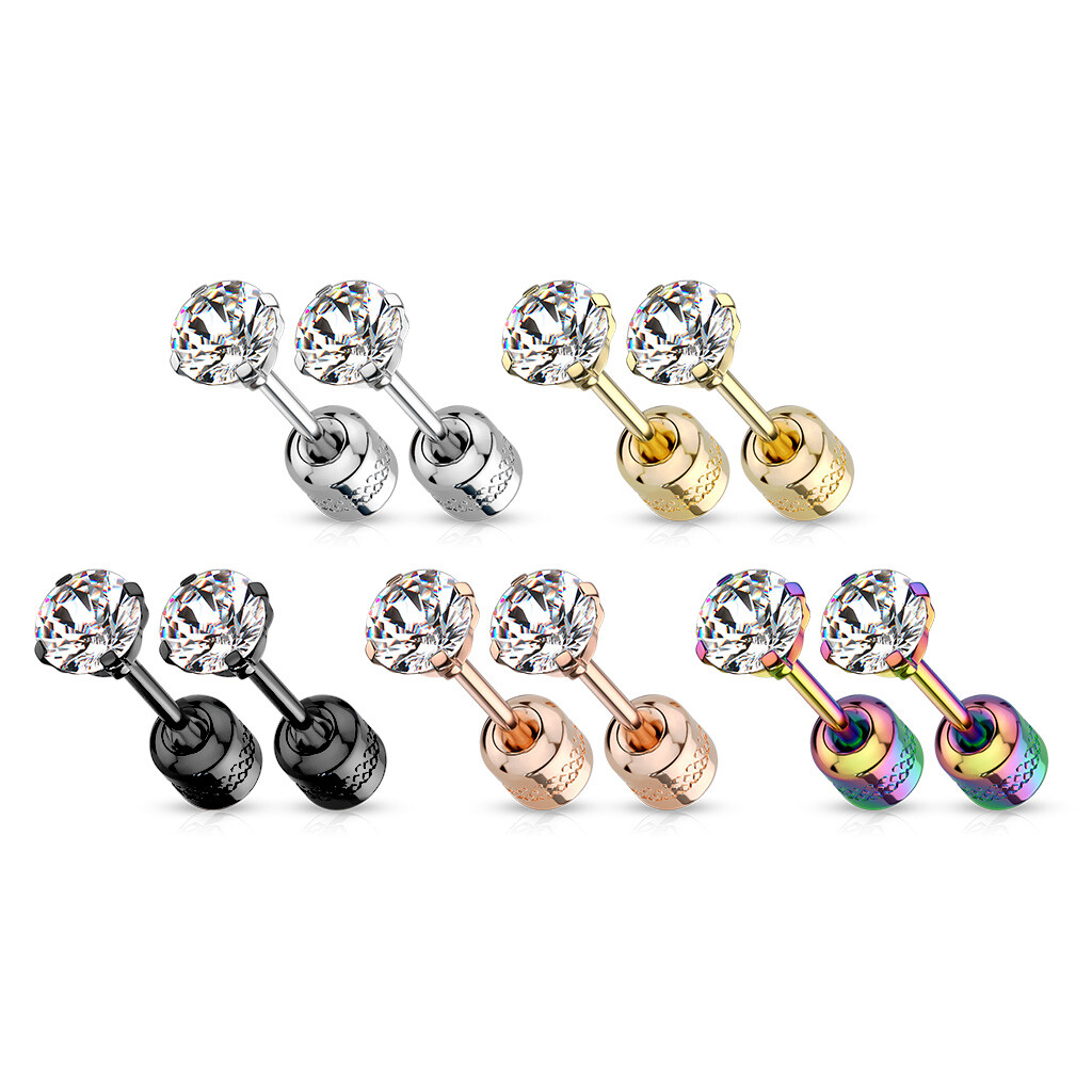 Surgical Steel Pair Prong Set CZ Gem Stud Earrings With Gem Centered Screw Back