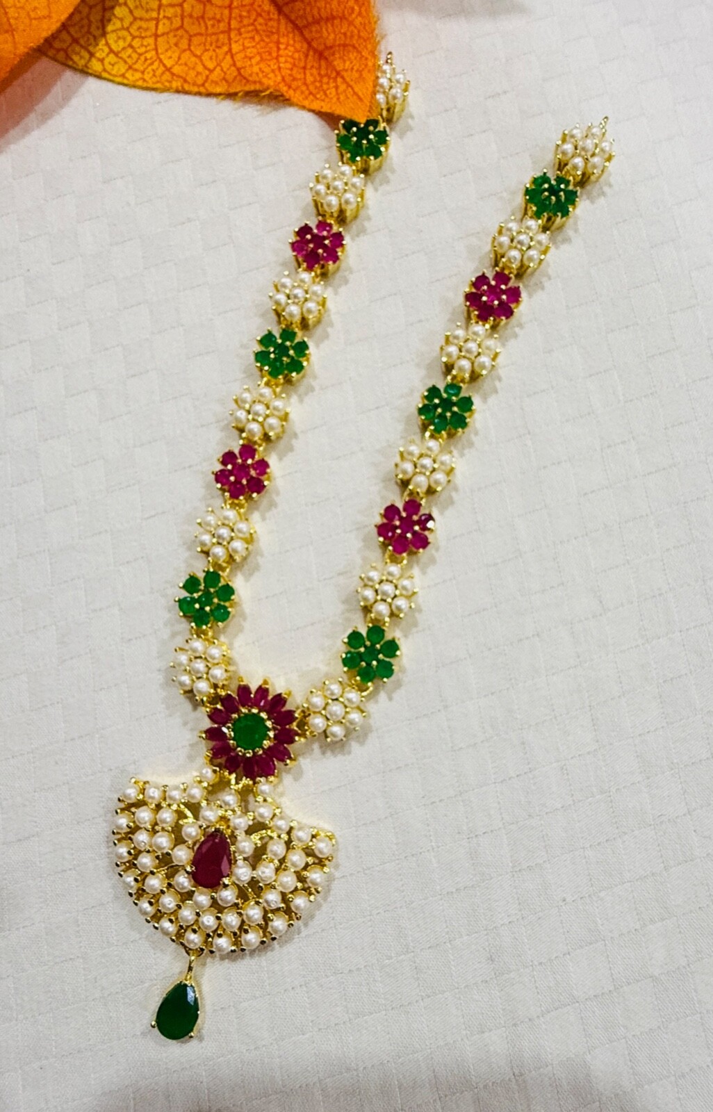 Colorful Floral Pearl Necklace | Ruby Emerald Green Gold Plated Indian Necklace