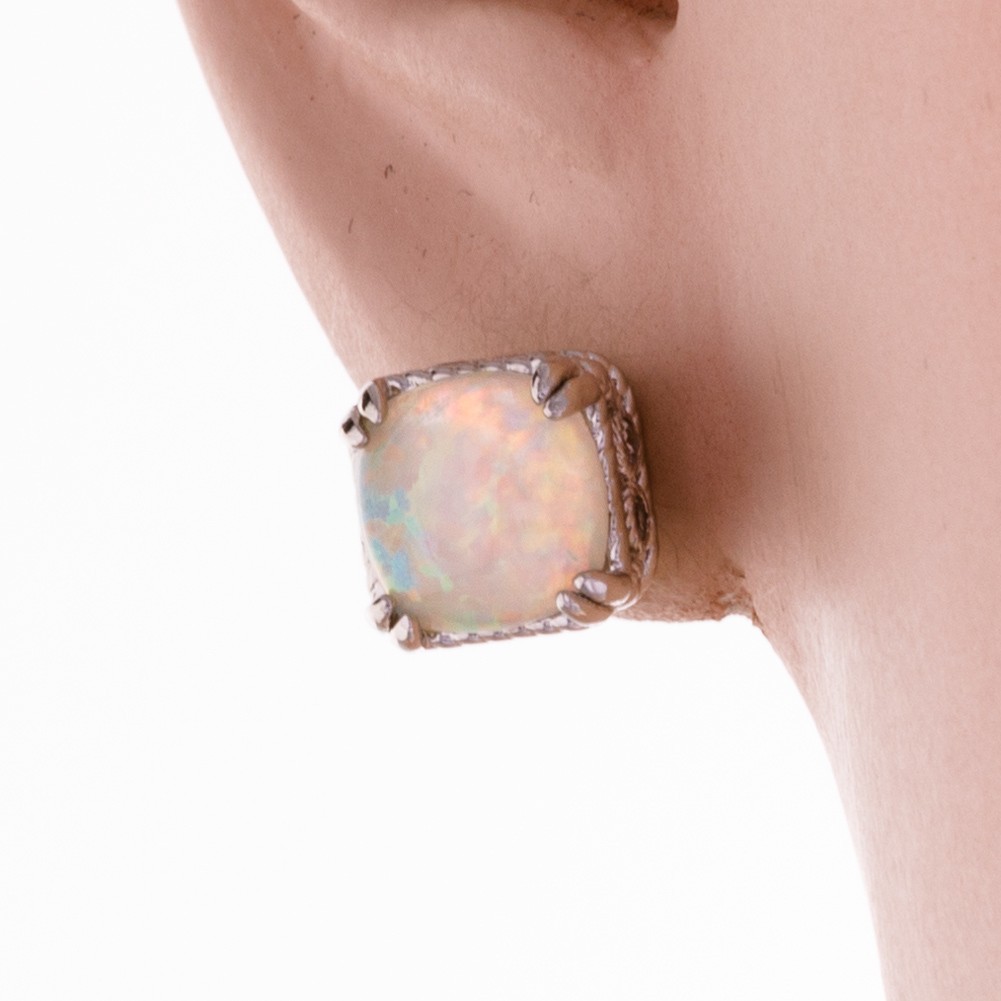 8×8 Cushion White Fire Opal Cabochon Silver Jewelry Simple Stud Earrings