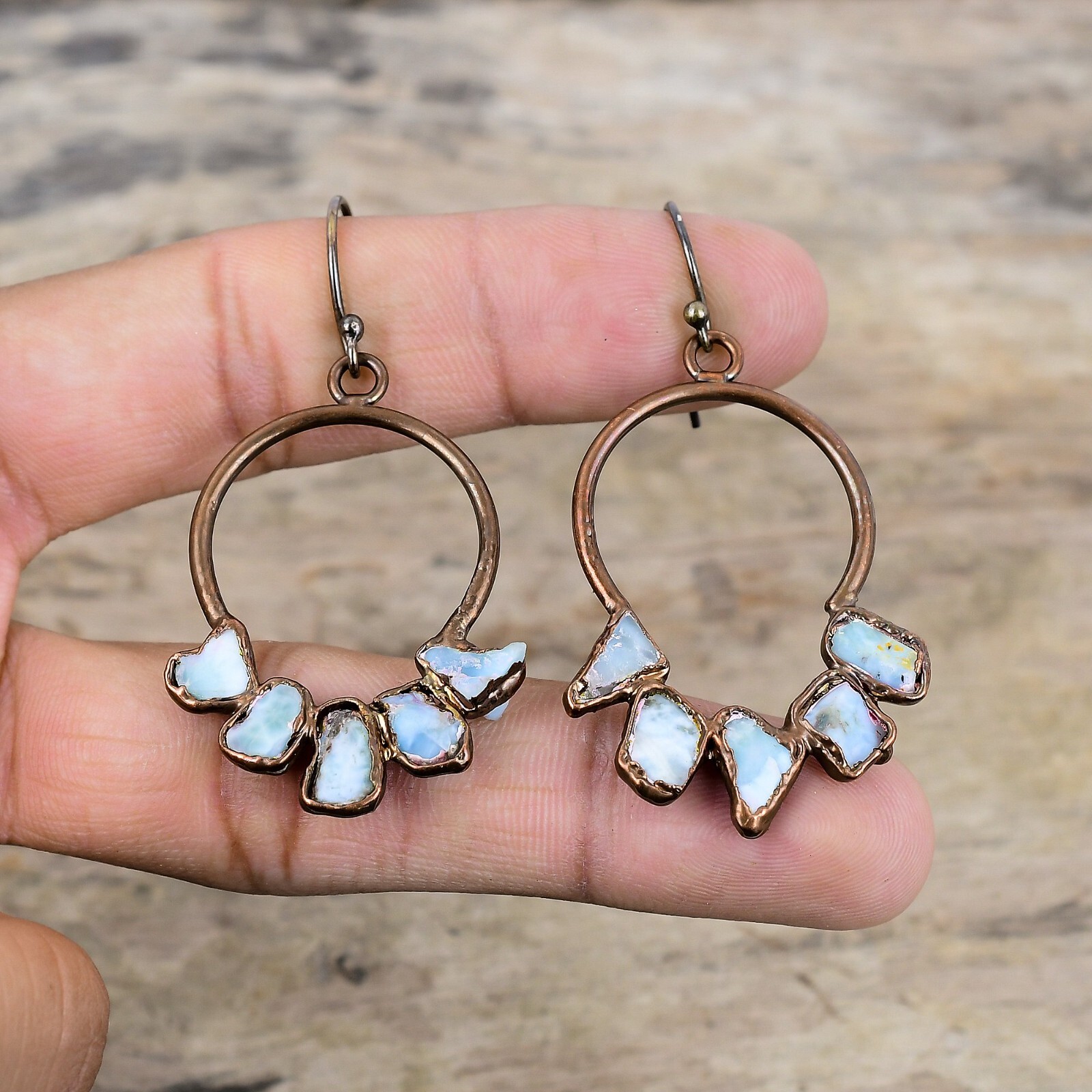 Copper Larimar Rough Gemstone Dangle Drop Electroformed Elegant Earrings Jewelry