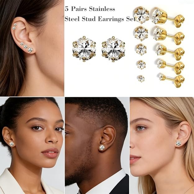 5 Pairs 14K Gold Silver Stainless Steel CZ Stud Earrings Set Women Men 3-7mm