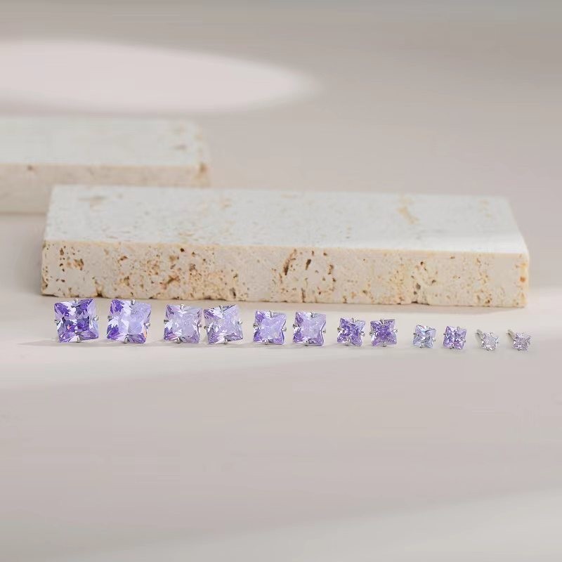 Men Women Gradient Purple Square Solitaire 925 Sterling Silver Mini Stud Earring