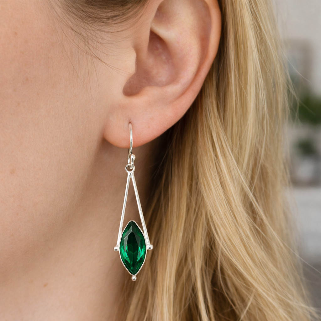 Emerald Gemstone 925 Sterling Silver Handmade Jewelry Dainty Earrings For Gift