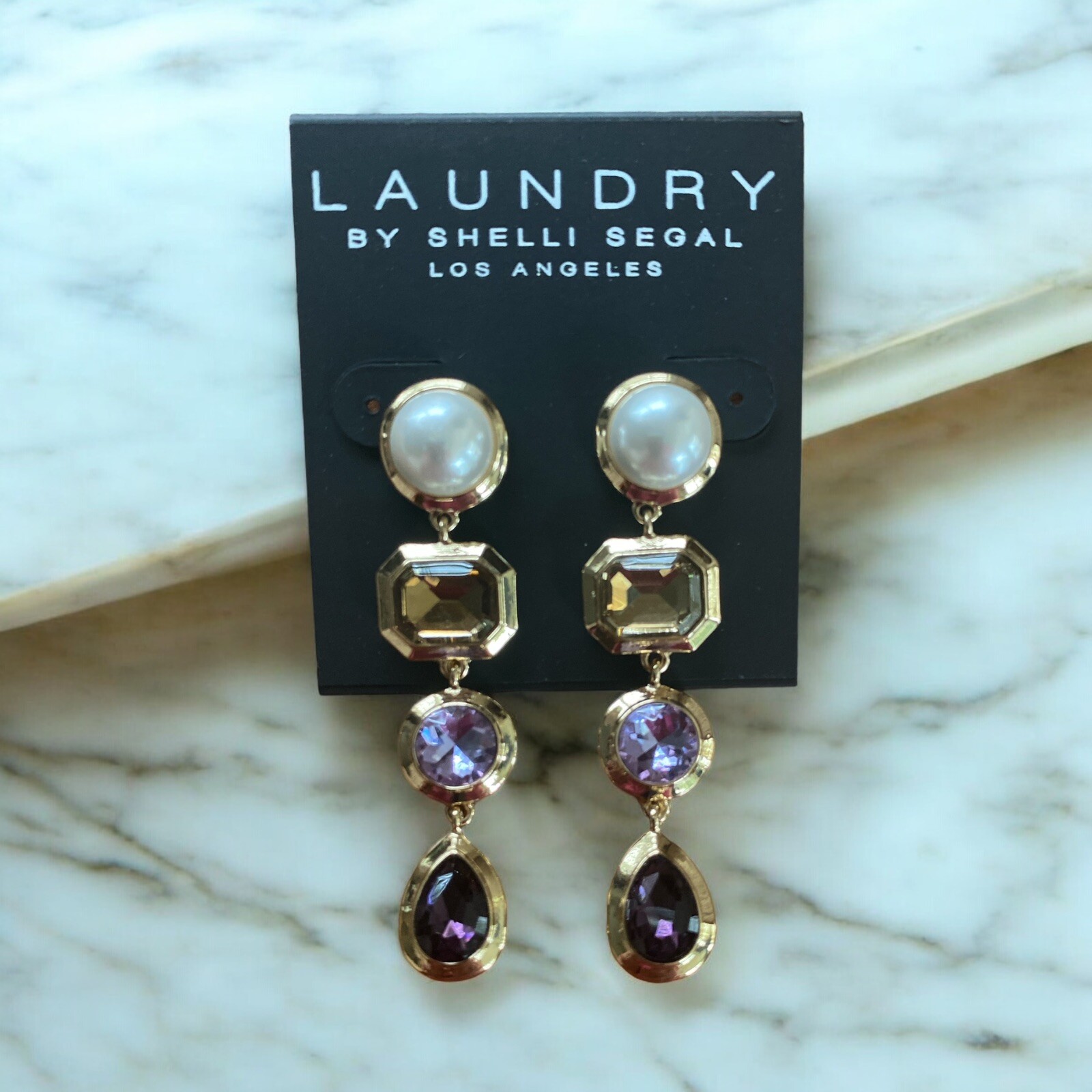 Laundry By Shelli Segal 2 1/4″ Gold Tone/Faux Pearl/Lavender/Purple Earrings-NWT