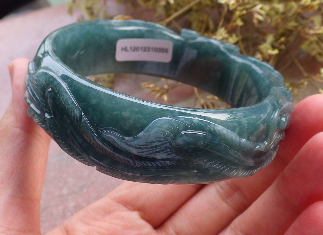 Certified Blue Green A JADE Jadeite Phoenix Bangle Bracelet 62mm 602375 AS
