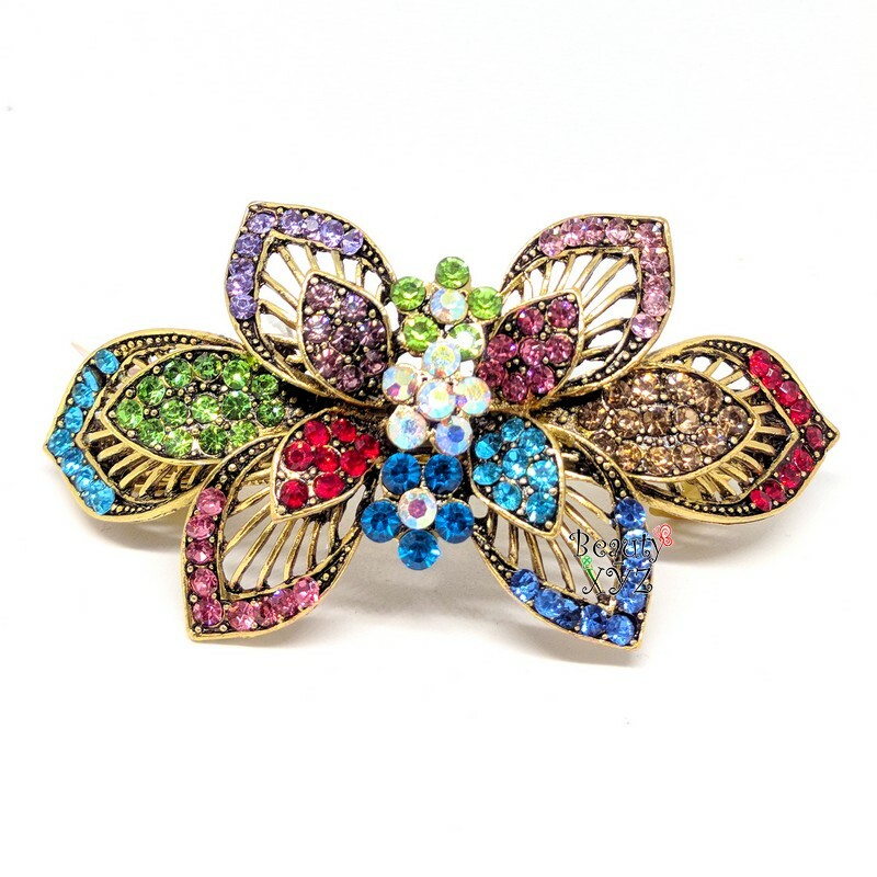 Woman hair barrette rainbow color rhinestones Metal flower hair claws clips