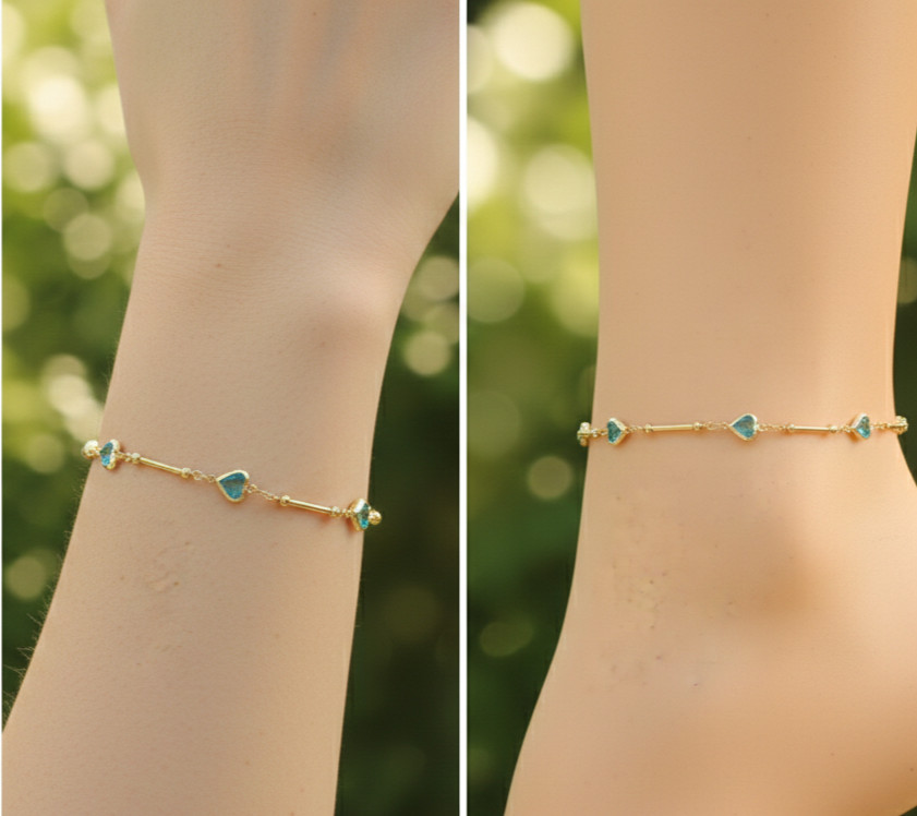 Elegant Gold Tone Heart Anklet 14K Gold Plated Designer Anklet with Emerald