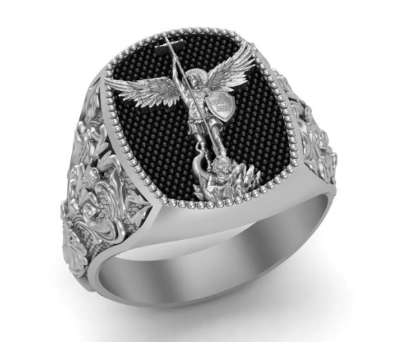 925 Sterling Silver St Michael Archangel Ring Black Mens Religious Ring