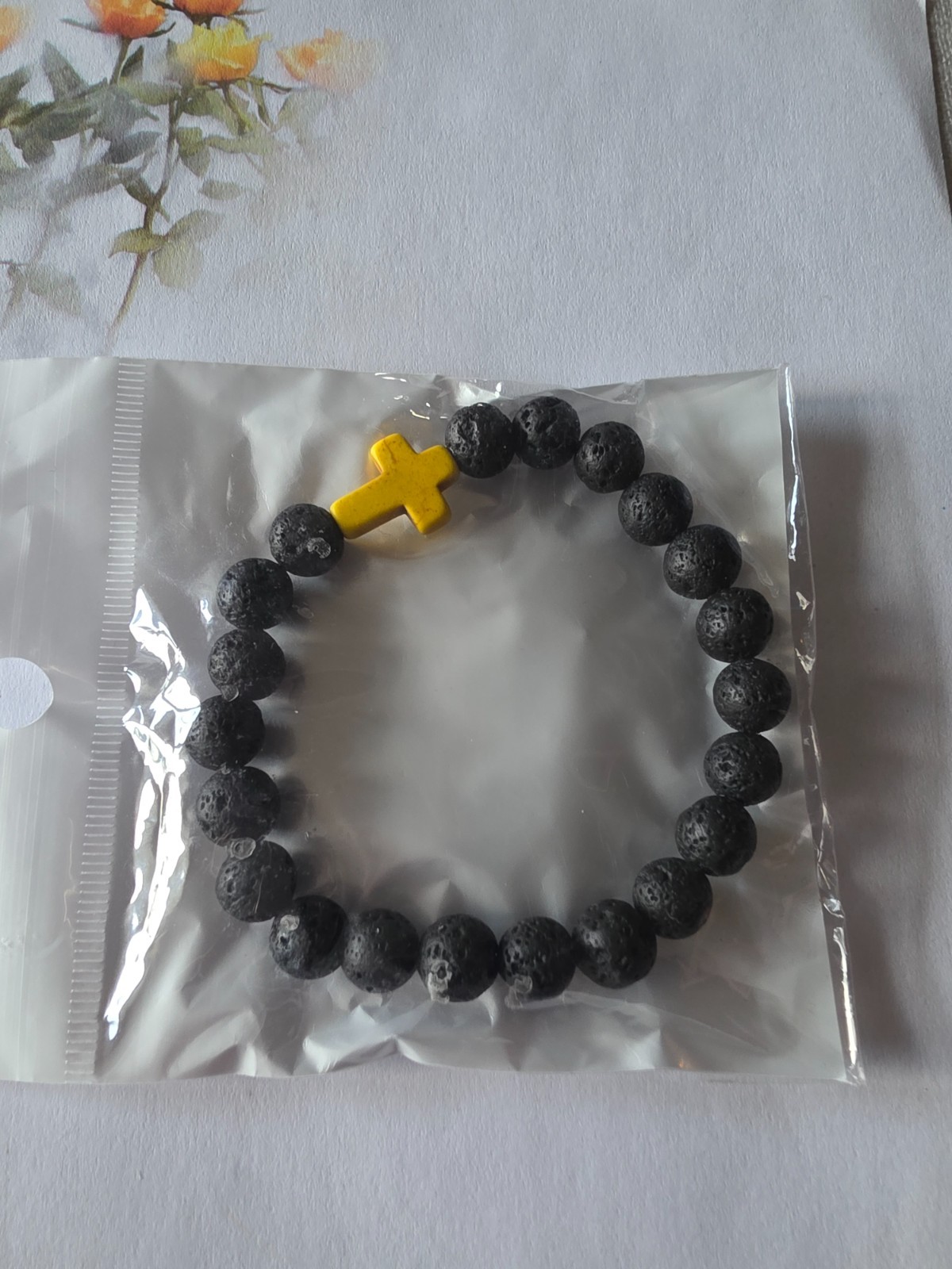 Natural Stone Bracelet yellow cross lack Lava Matte 8m Beaded Bracelets Handmade