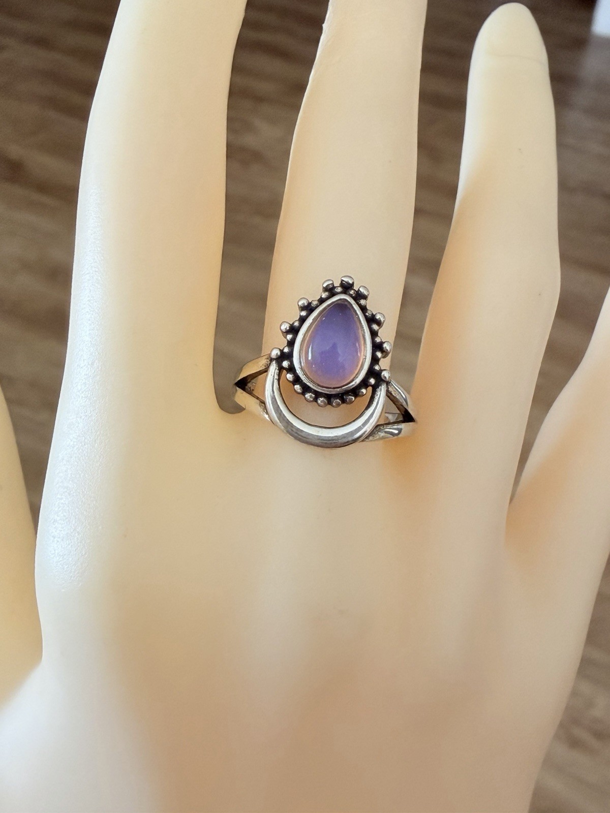 Sterling Silver Moon Teardrop Stone Mood Ring + Color Chart + Gift Box Size 7.5