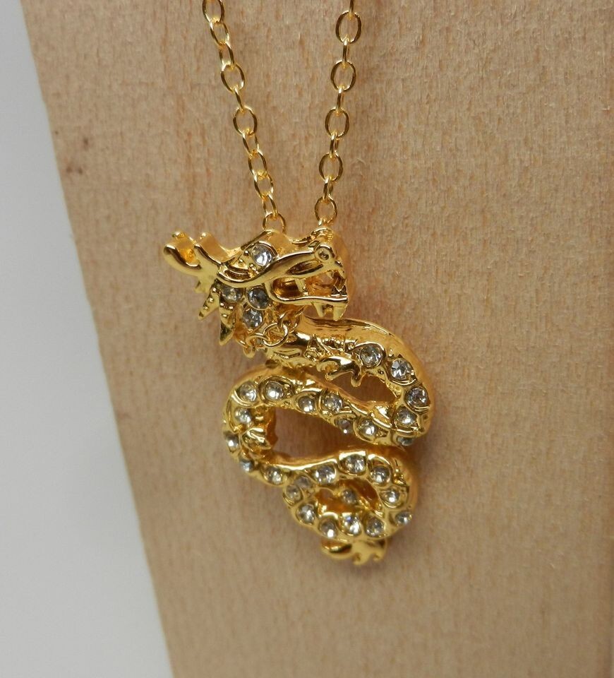 Chinese Lunar New Year Gold Tone With Faux Diamonds Dragon Pendant 20″ Necklace