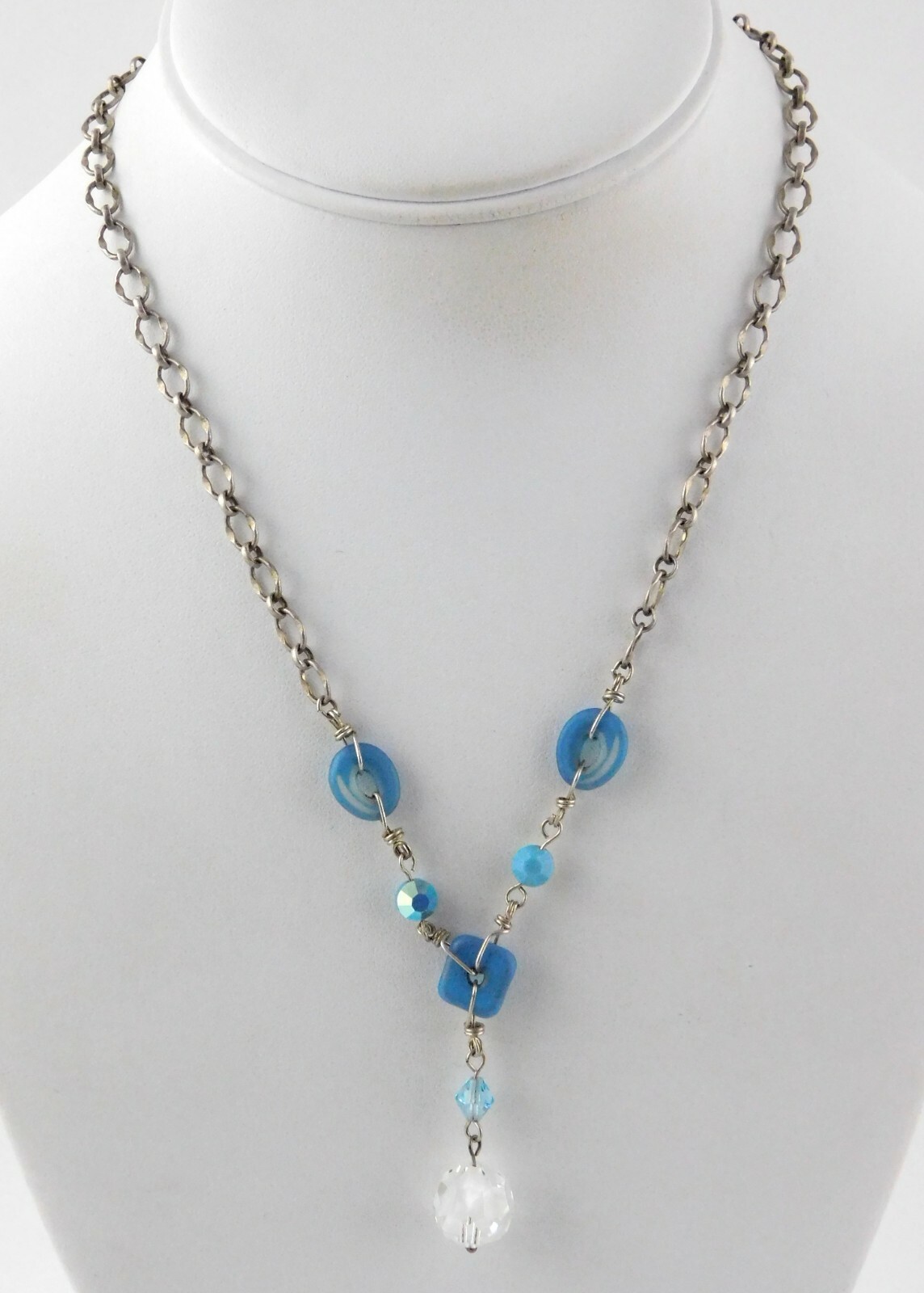 Silver Tone Metal and Art Glass Beaded Pendant Necklace Hook Clasp 17.5 Inches
