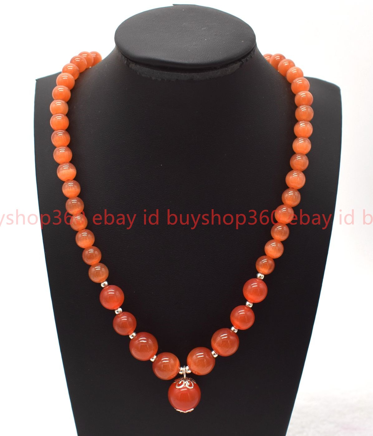 Natural 8-12mm Orange Cat’s Eye Pendant Round Gemstone Beads Necklace16-28in