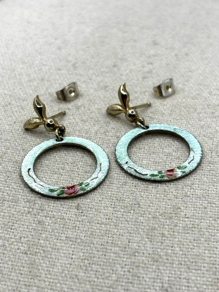 Pink Teal Green Flower Faux Pearl And Crystal Stud Dangle Earring Set of 7 Pairs