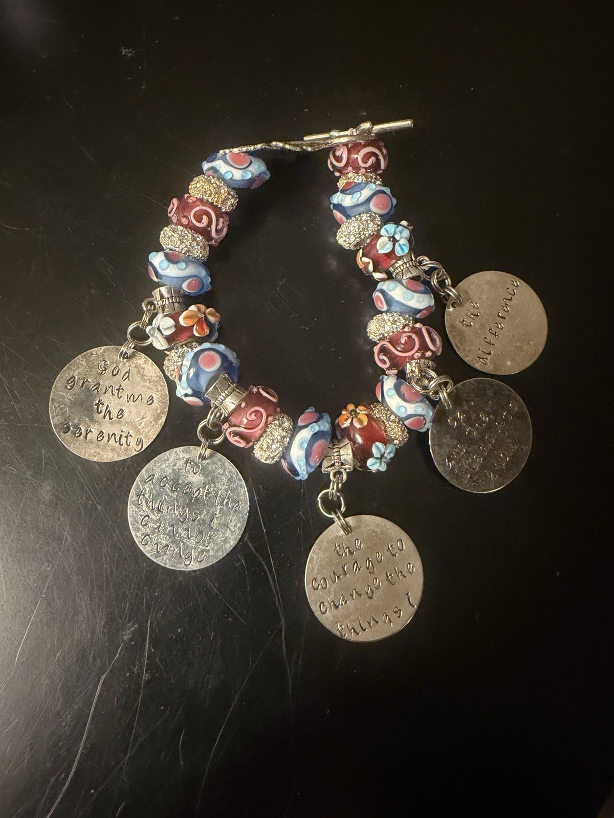 Multicolor Glass Beaded Charm Bracelet w/ Dangle Charms, Engraved Toggle