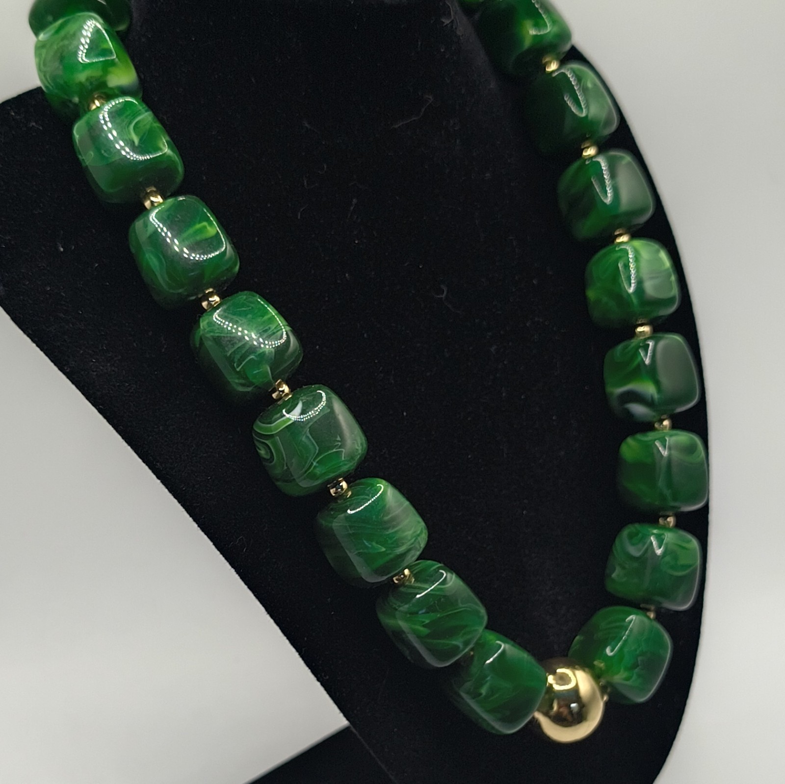 Green Beaded Statement Necklace Gold Tone Square Simulated Adjustable Lobster