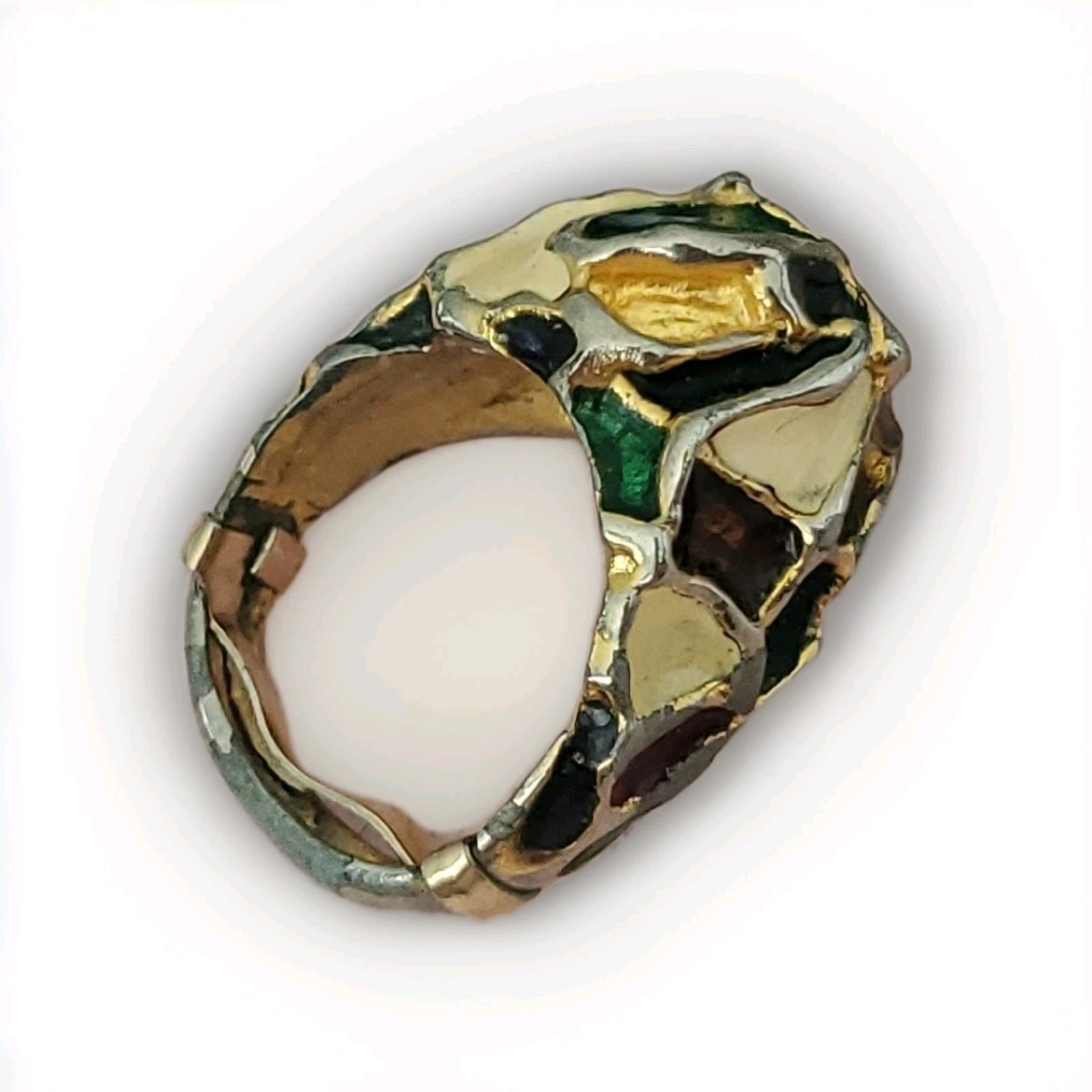 vintage modernist enamel dome ring, Chunky mosaic “brutalist” F5