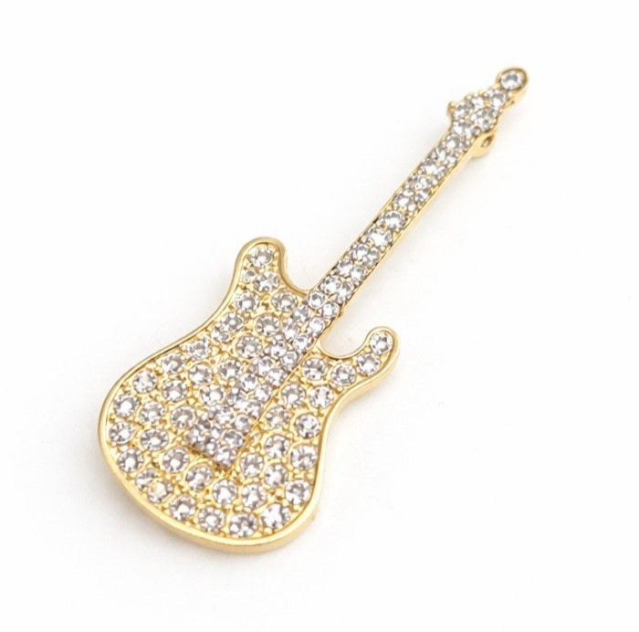 White Rhinestone Electric Guitar Brooch with Gold Tone Metal Accent Pin 2.25″