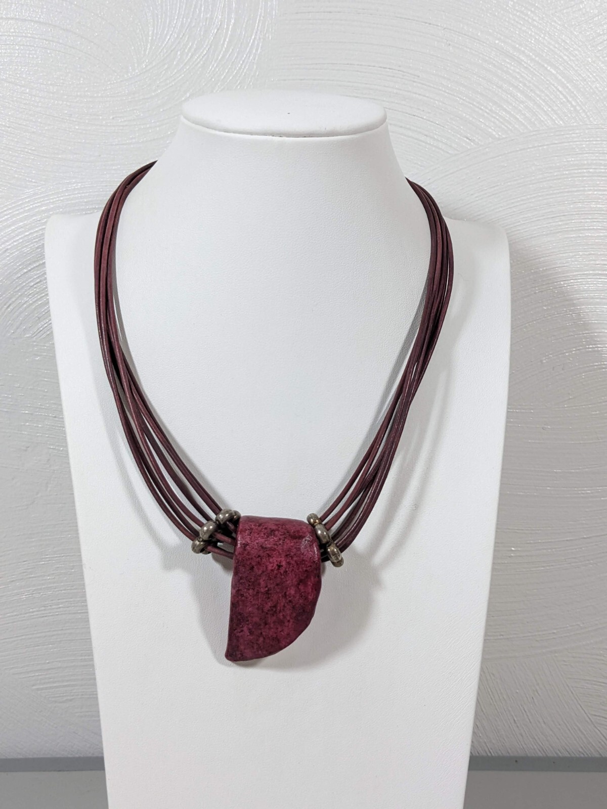 Purple Pink Curved Bar Multi Cord Necklace Artisan Style 19 inches
