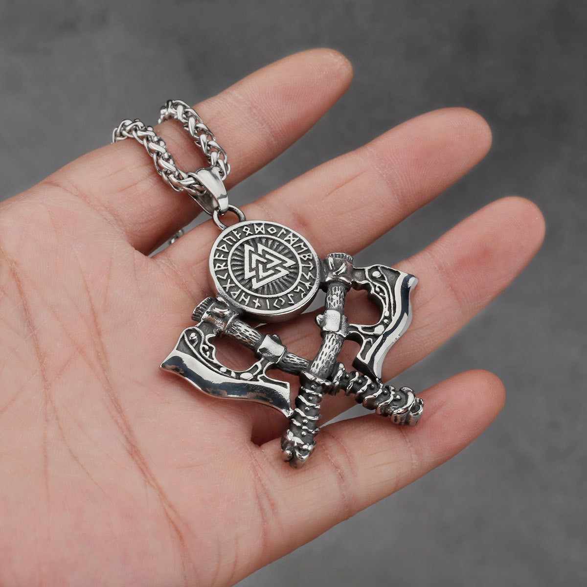 Viking Warrior Double Axe Stainless Steel Pendant Necklace Valknut Rune Chain