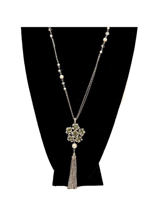 White House Black Market Silver & Iridescent Crystal Flower Tassel Necklace NWT