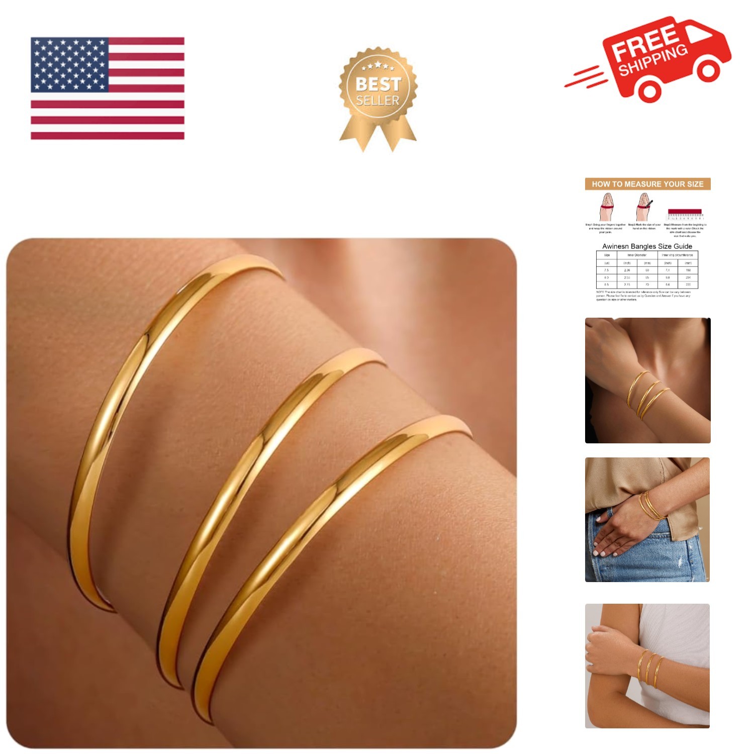 18K Gold Plated Bangles for Women Stainless Steel Glossy Stackable Thin Round…