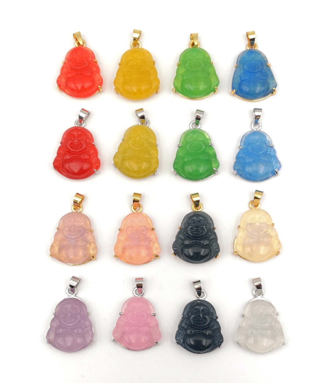 Green Multicolor Jade Laugh Maitreya Buddha 18KGP Lettering Pendant Necklace