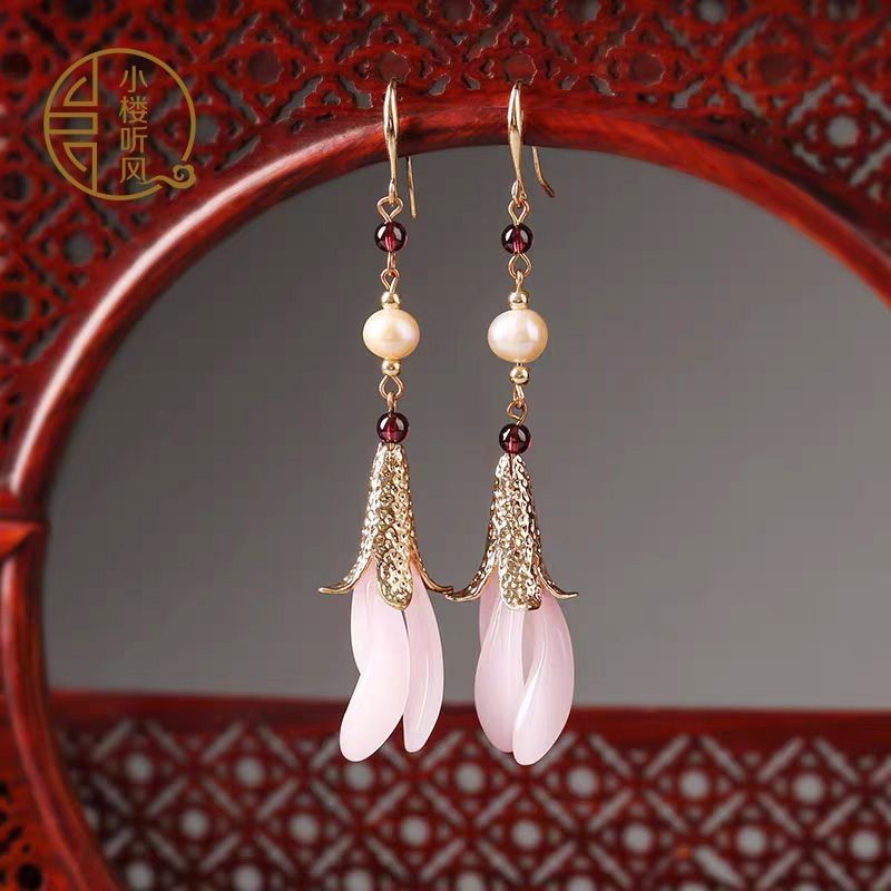 Vintage Chinese Style Earrings Long Pink Hanfu Qipao Jewelry Women’s Earrings