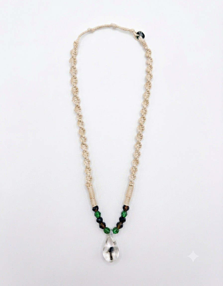 Beaded Necklace Green Black Beads Silver-Tone Teardrop Clear Charm Pendant