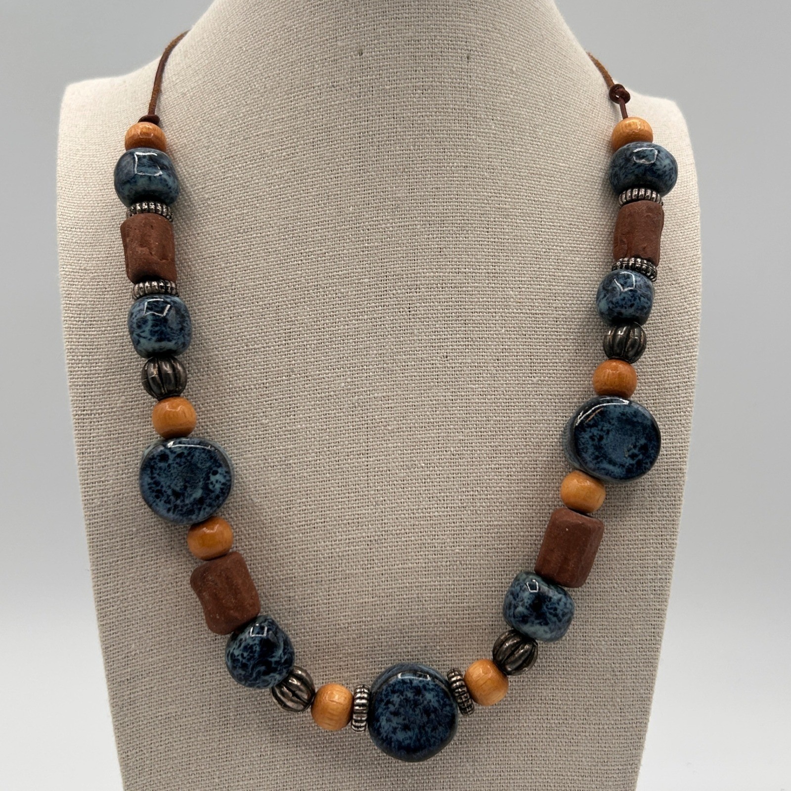 Boho Adjustable Cord Necklace Blue Ceramic Wood Clay Beads Artisan Style