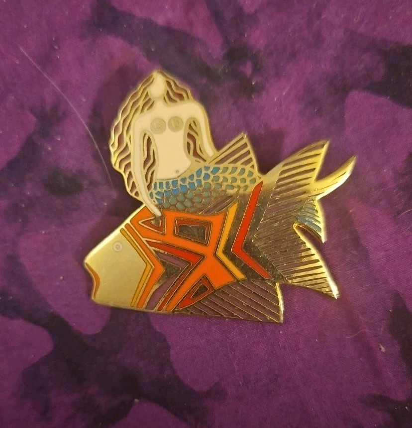 Laurel Burch Sea Goddess Pin Mermaid Riding Fish Signed HTF