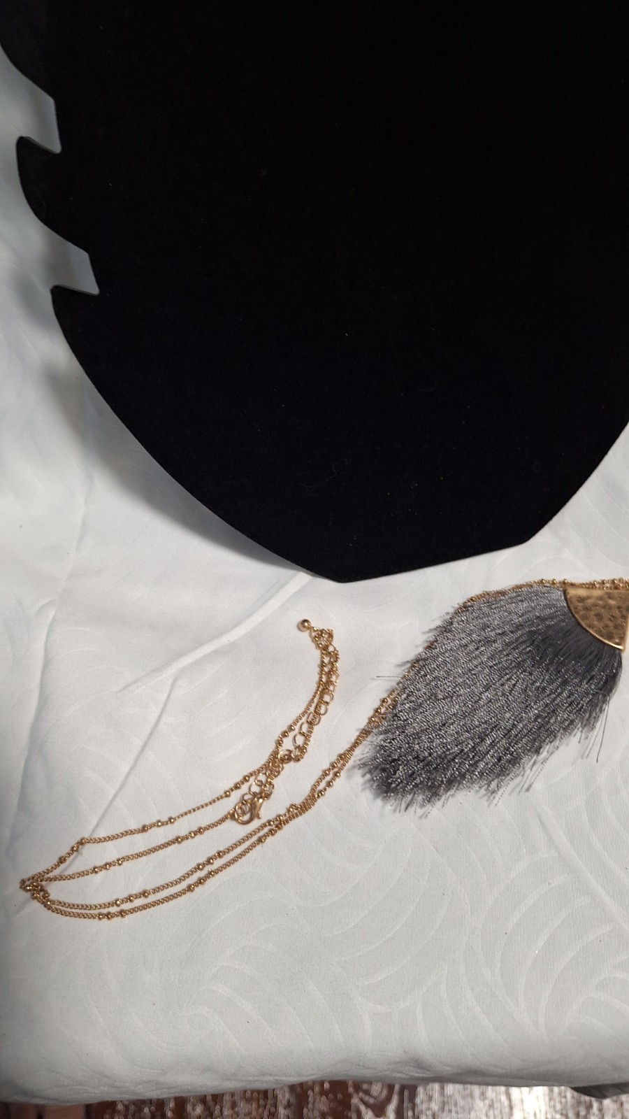 Gold Tone Cable Chain Necklace Triangle Tassel Pendant Gray Fringe Adjustable