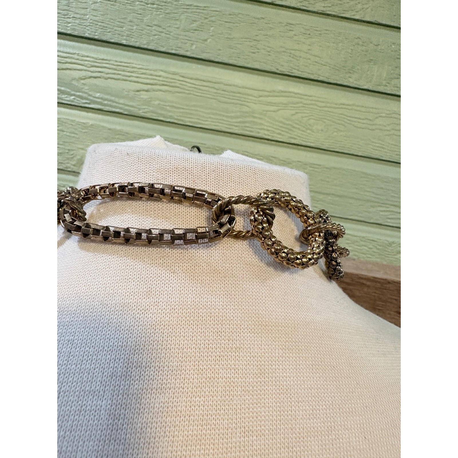 Antique Gold Tone Mixed Link Long Chain Necklace Beaded & Box Links 34 Inch