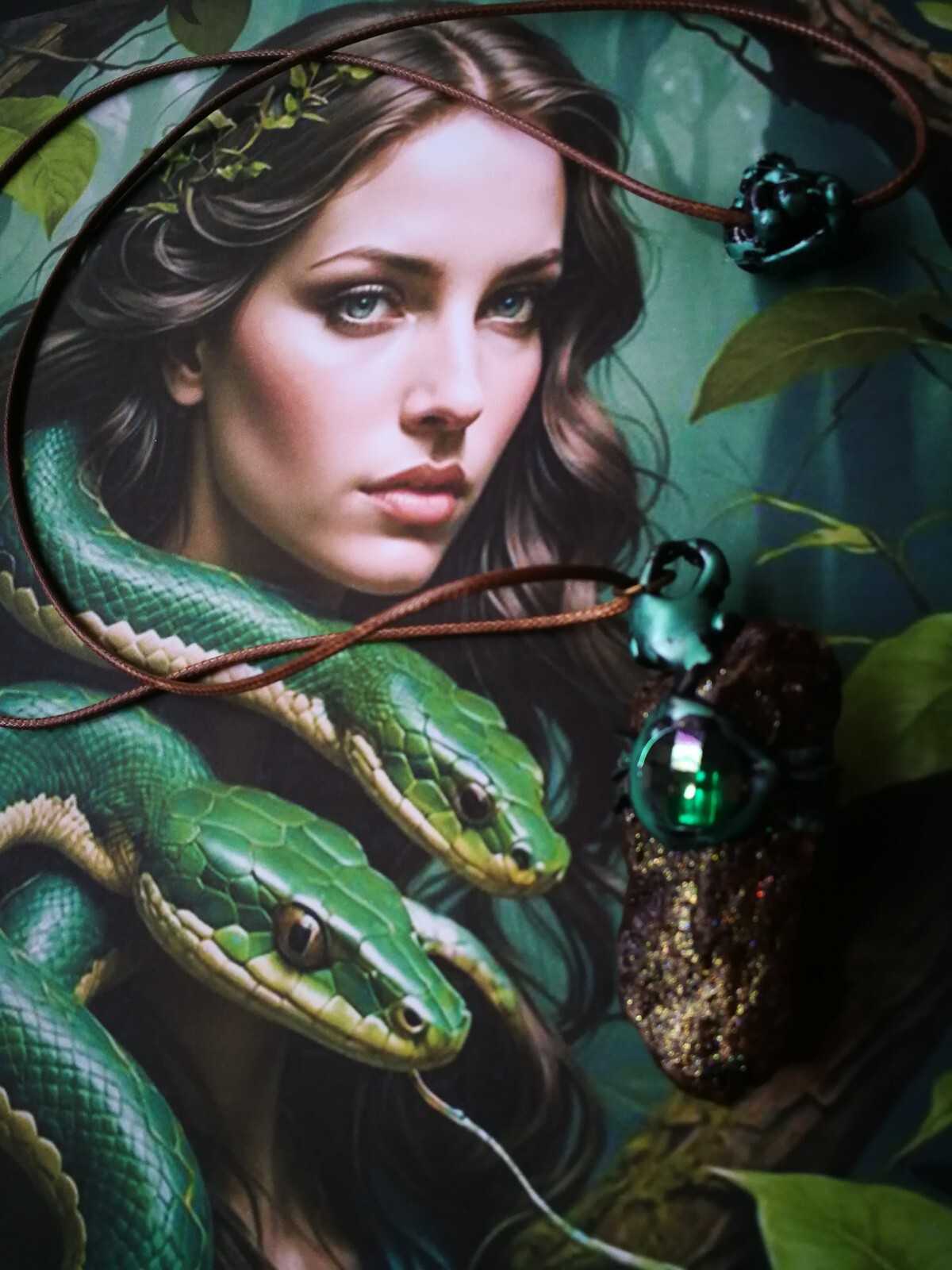 Uncut Gemstone Pendant Necklace Spirit Guide Green Witch Snake Amulet Raw Stone
