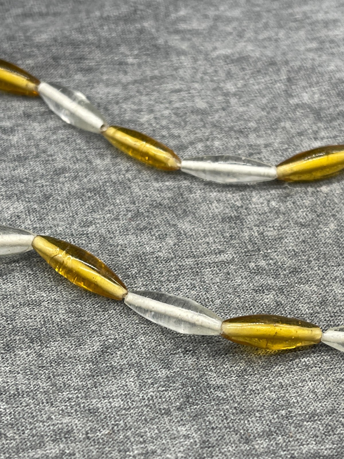Yellow White Purple Cylinder Bead Necklace 17″ Nylon with 8″ Drop Green Accent