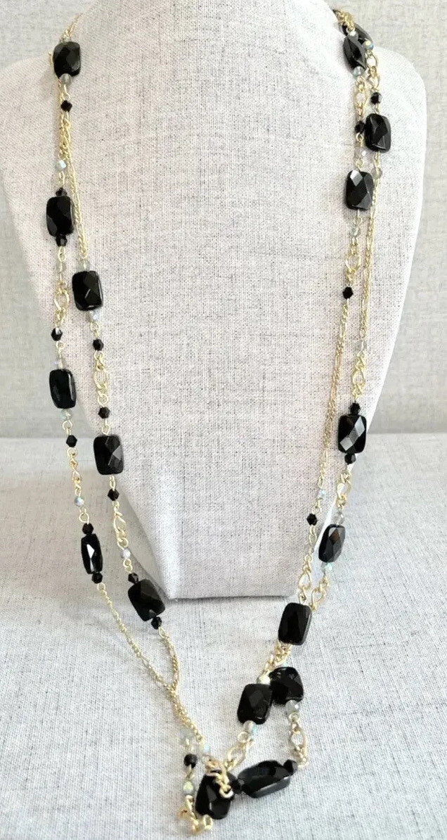 Gorgeous Long Gold Tone Black Faceted Necklace With Crystals ~ 62 In.