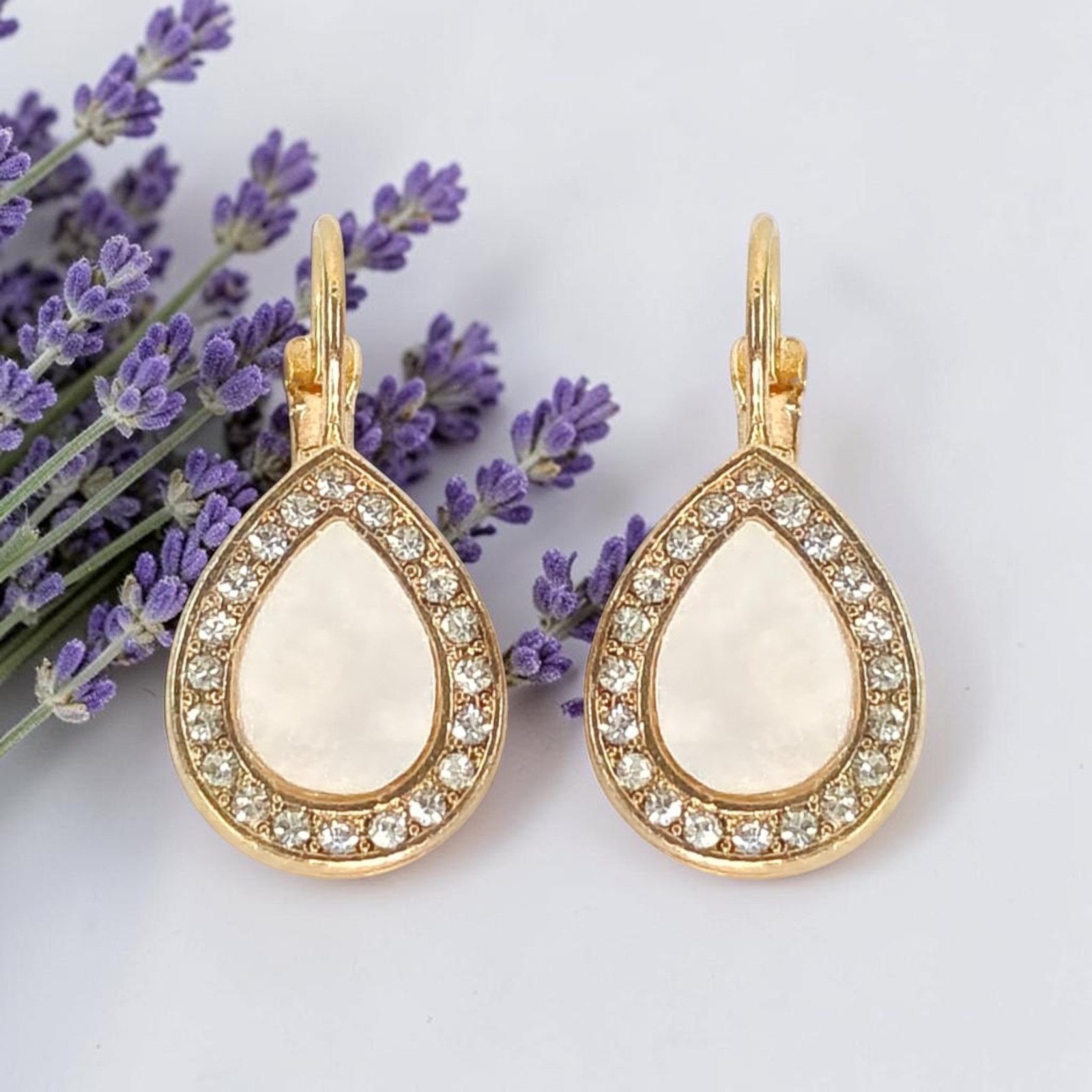 Gold Pear Shape Teardrop Leverback Earrings with Faux Pearl Inlay & Crystal Halo
