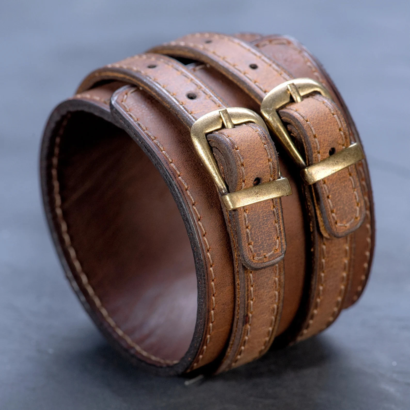 Engraved Black Leather Double Strap Cuff Bracelet,Adjustable Buckle Wristband