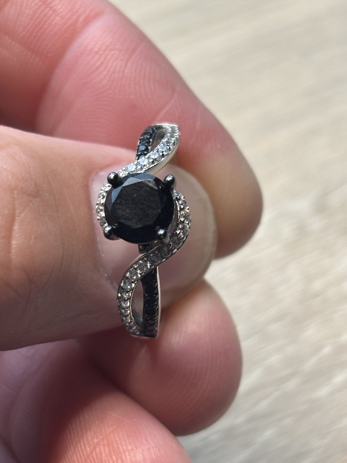 Silver Tone Black Onyx Round Prong Set Swirl Ring Sim Diamond Accents Sz 10