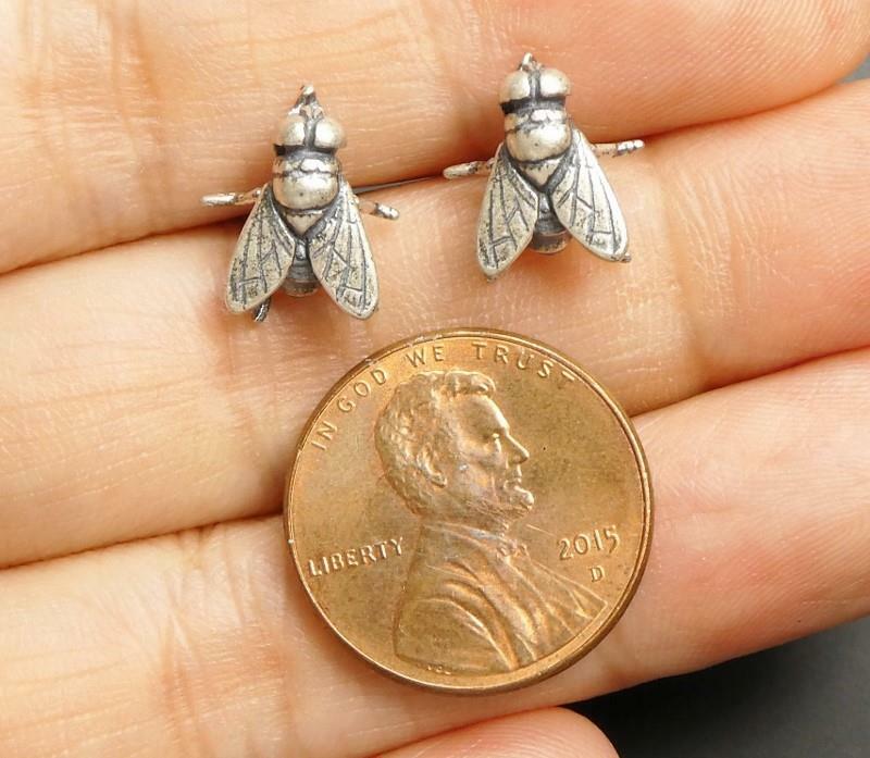 Handmade Sterling Silver Small Fly Insect Stud Post Earrings Unique Great Detail