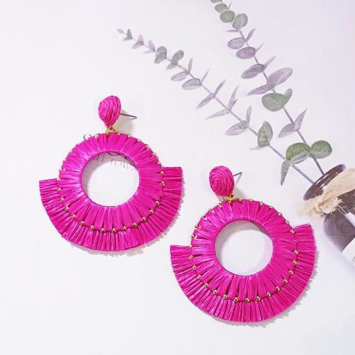 Special Round Dragon Fruit Color Lafite Grass Handmade Woven Stud Earrings