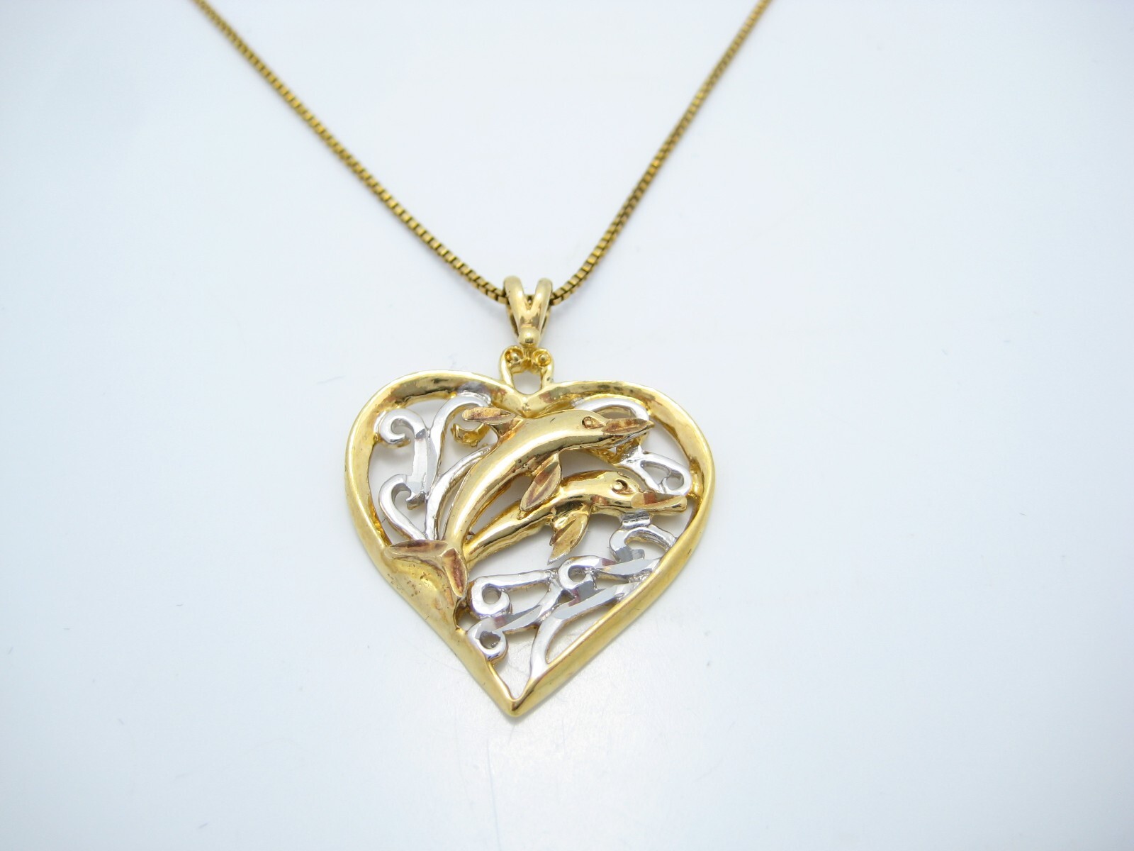BSI Sterling Silver Gold Tone Dolphins Heart Pendant Chain Link Necklace 16″