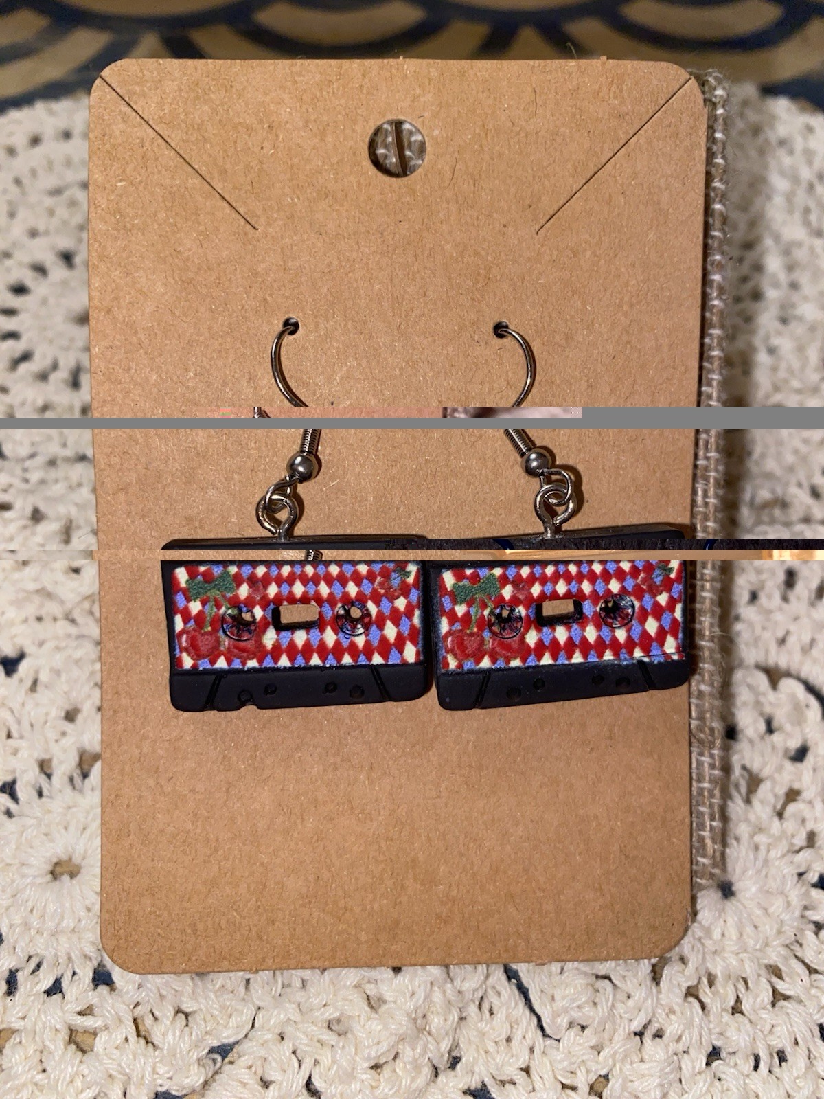 Hand Assembled Retro Cassette Tape Dangle Hook Earrings Red Checkered 80s 90s
