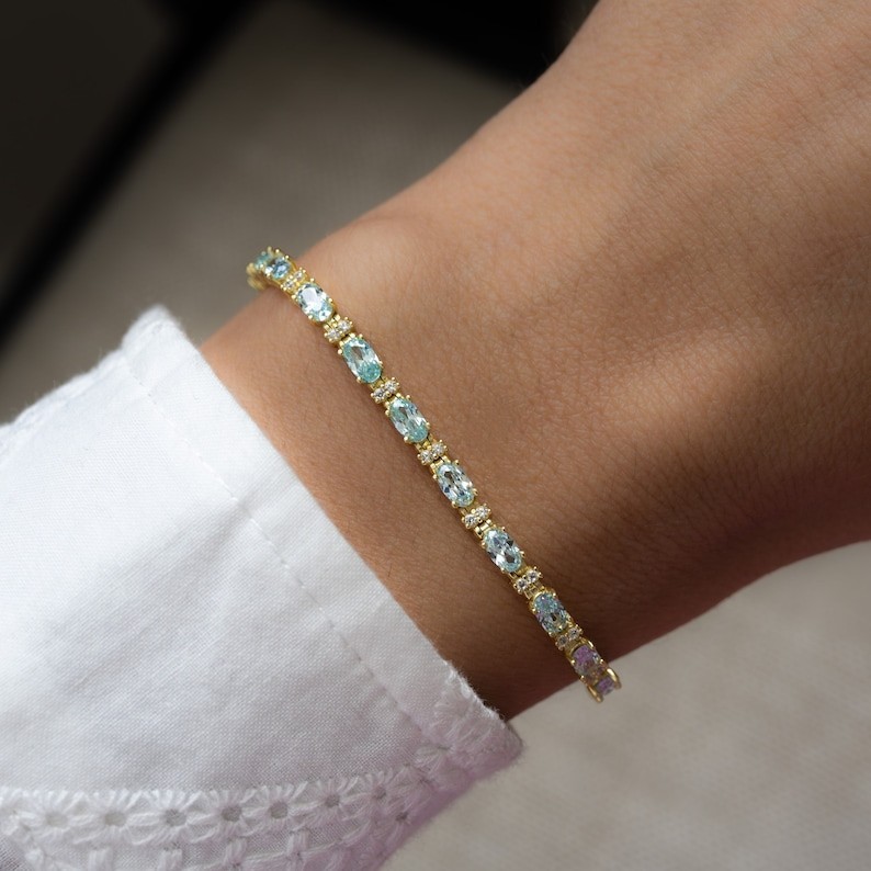 Aquamarine & Moissanite Tennis Bracelet Gold Plated March Birthstone
