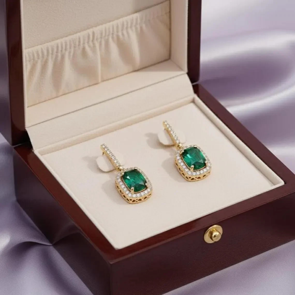 Simulated Emerald & Diamond Halo Women’s Earrings Gift For Her 14K Gold Plated
