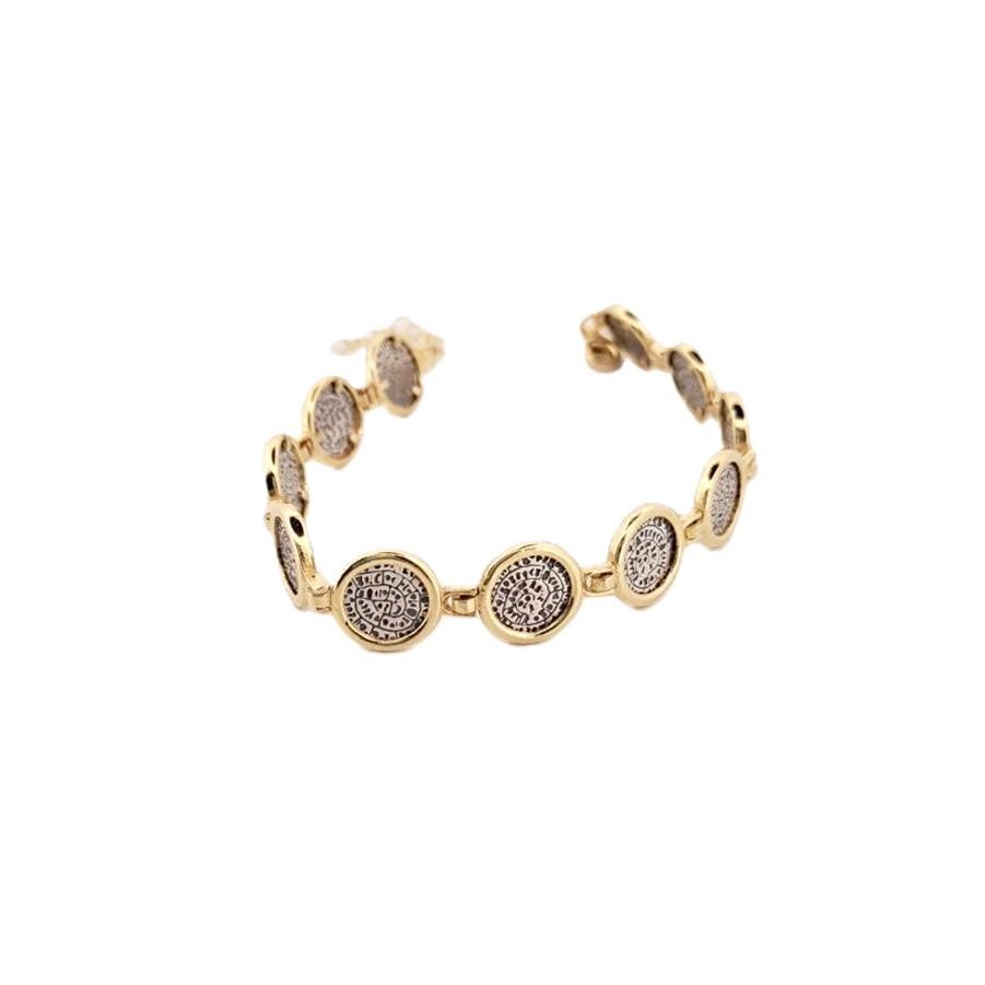 Gold Tone Disk of Phaistos Coin Link Bracelet, Ancient Crete Inspired Design
