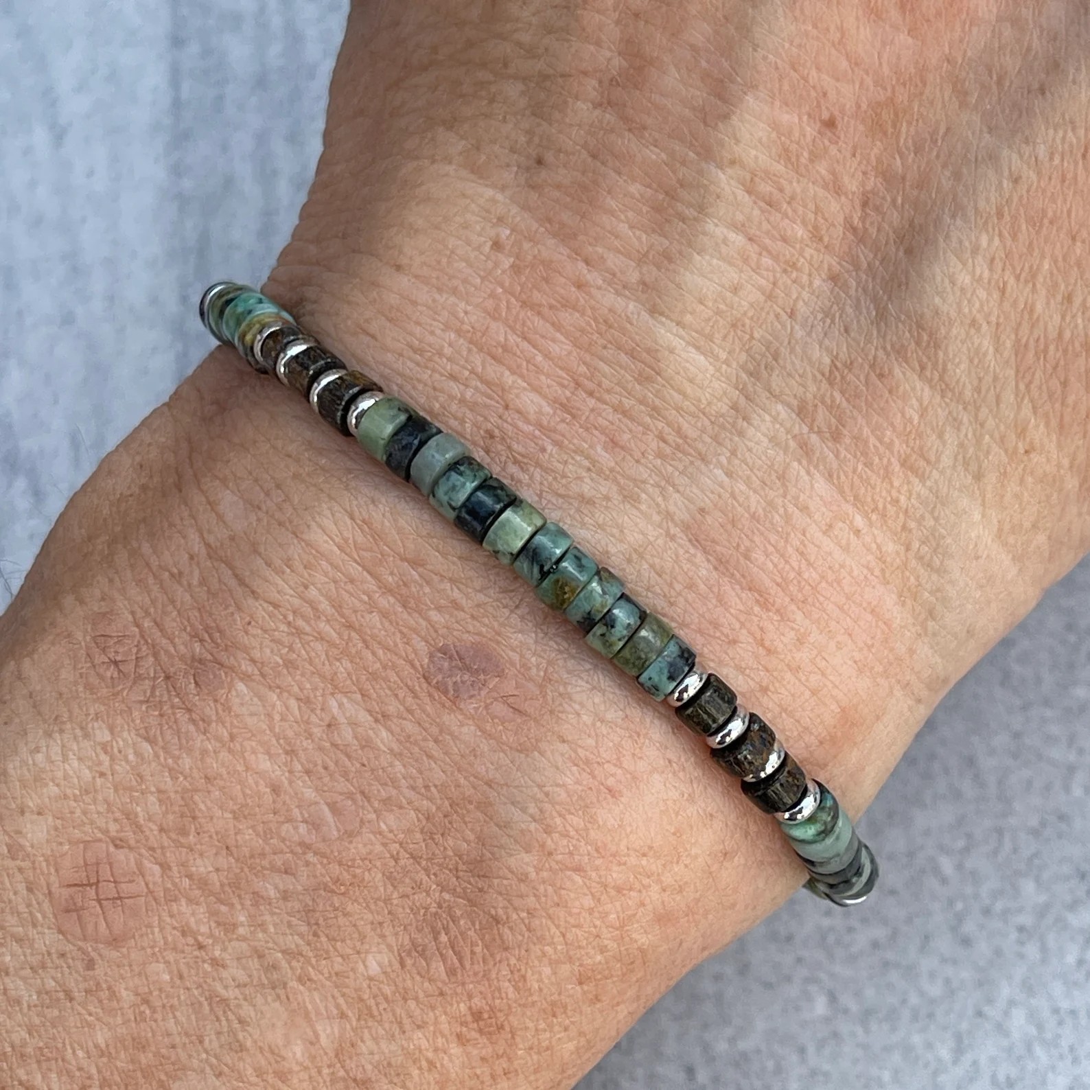 Men’s Beaded Bracelet,4mm African Turquoise Heishi with Stainless Accents Gift